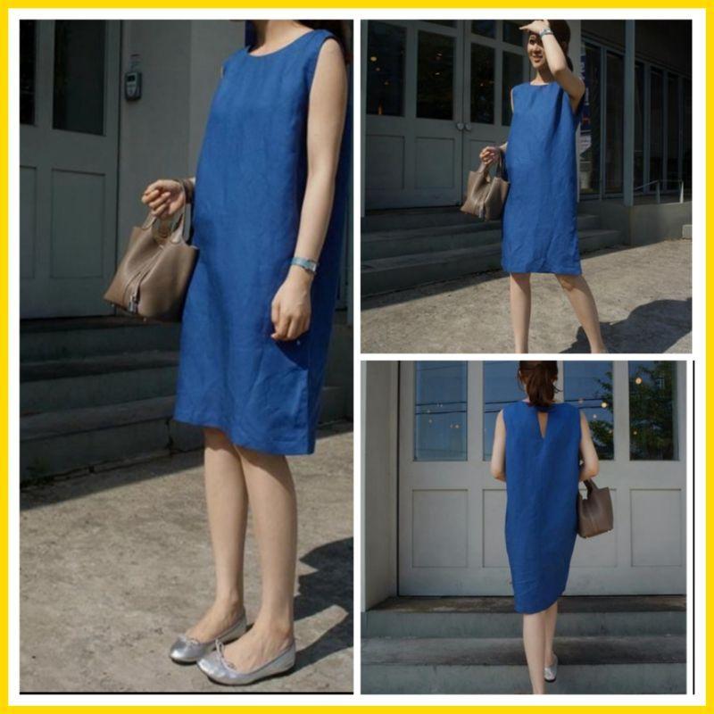 Đầm suông linen màu xanh cô ban, khoét lưng sang chảnh