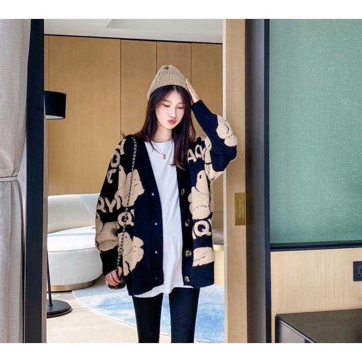 Áo cadigan len ÁO KHOÁC NỮ Cardigan lông thỏ thêu gấu phong cách Hàn Quốc thời trang cho nữ 2022 siêu ấm dày xinh