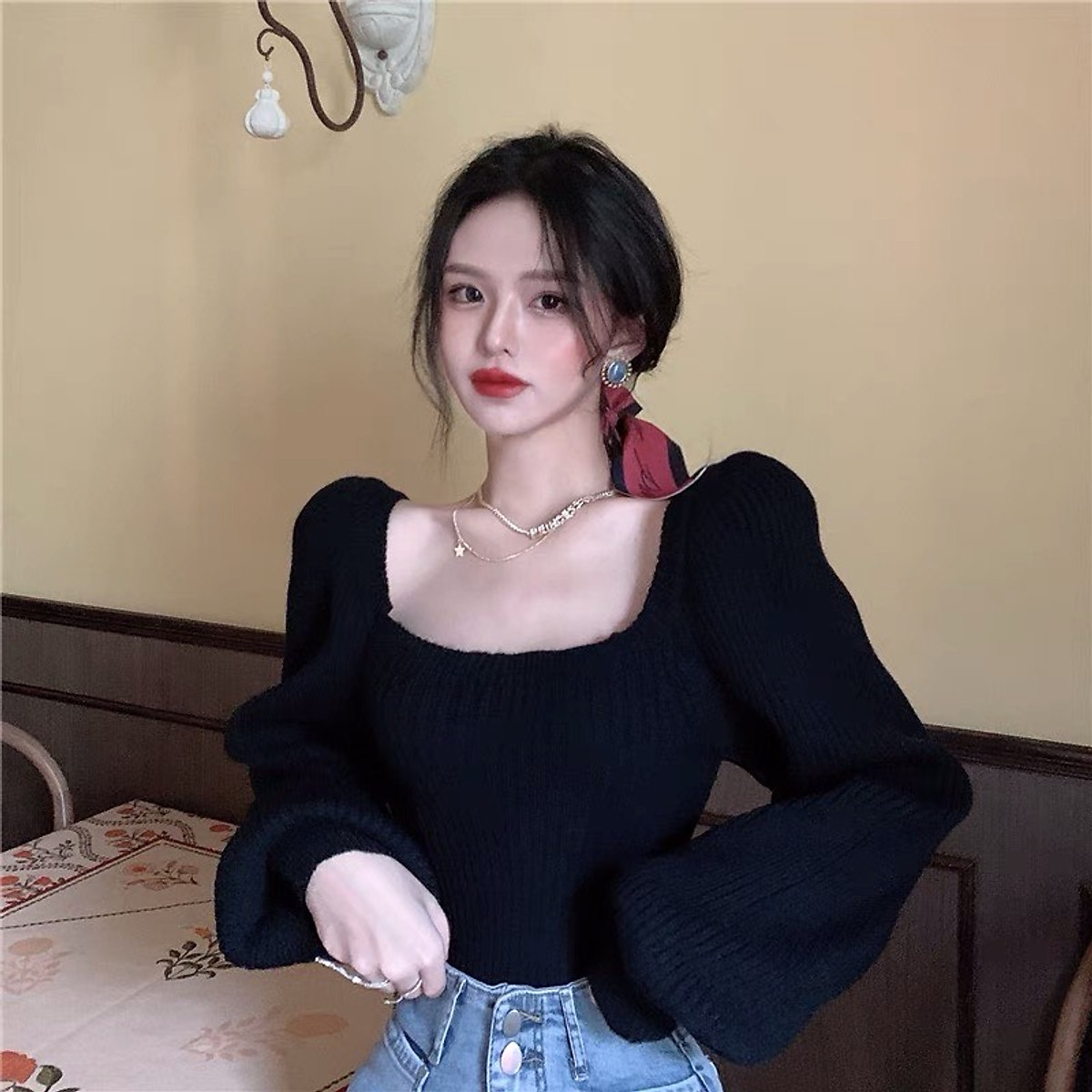 Áo len nữ cổ vuông tay bồng Style Hàn Quốc dáng croptop len dệt kim Quảng Châu