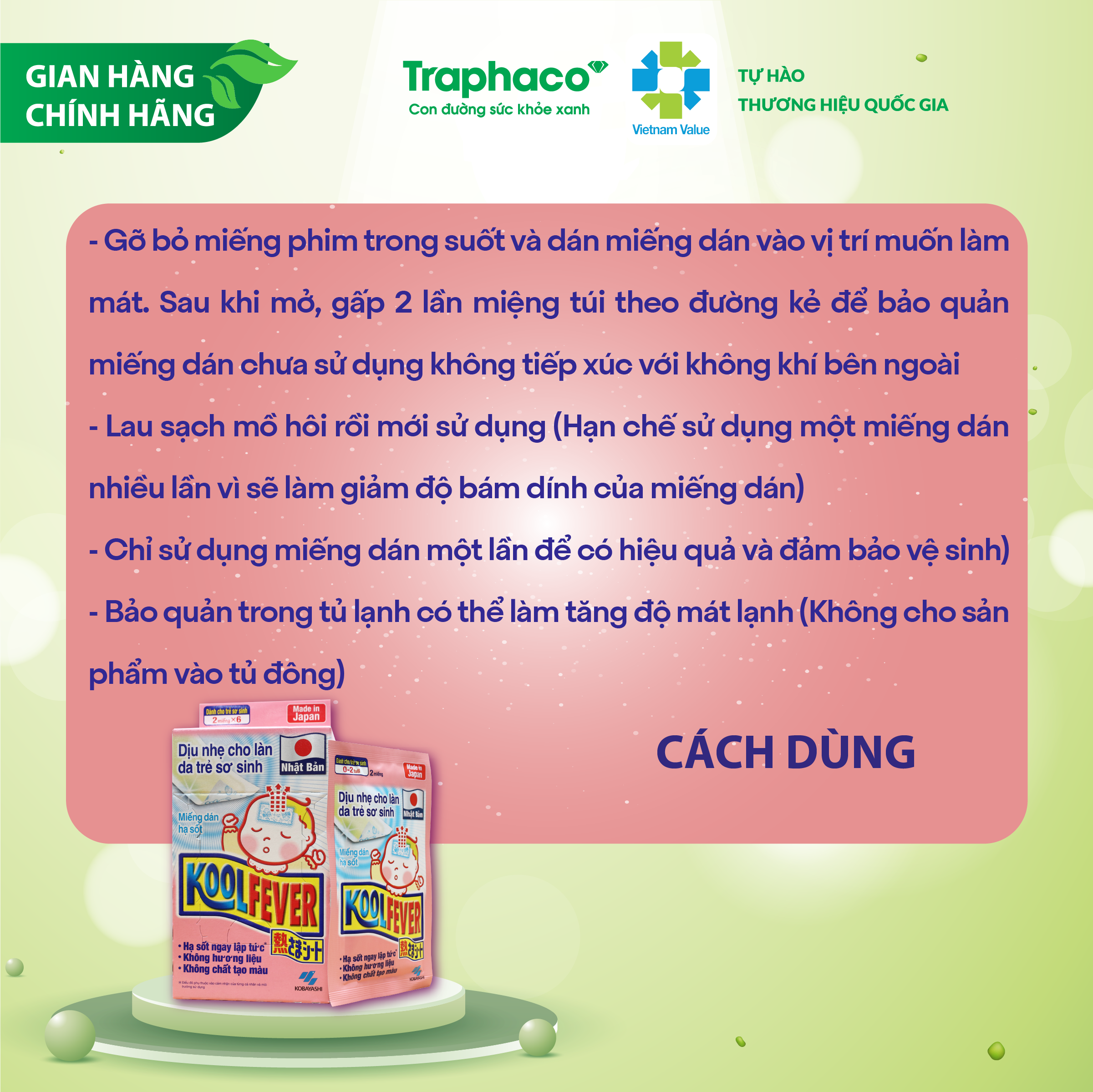 Trang TBYT Miếng Dán Hạ Sốt Koolfever Dành Cho Em Bé Traphaco - Hỗ Trợ Hạ Sốt , Dịu Nhẹ Cho Làn Da Sơ Sinh Hộp 6 Gói