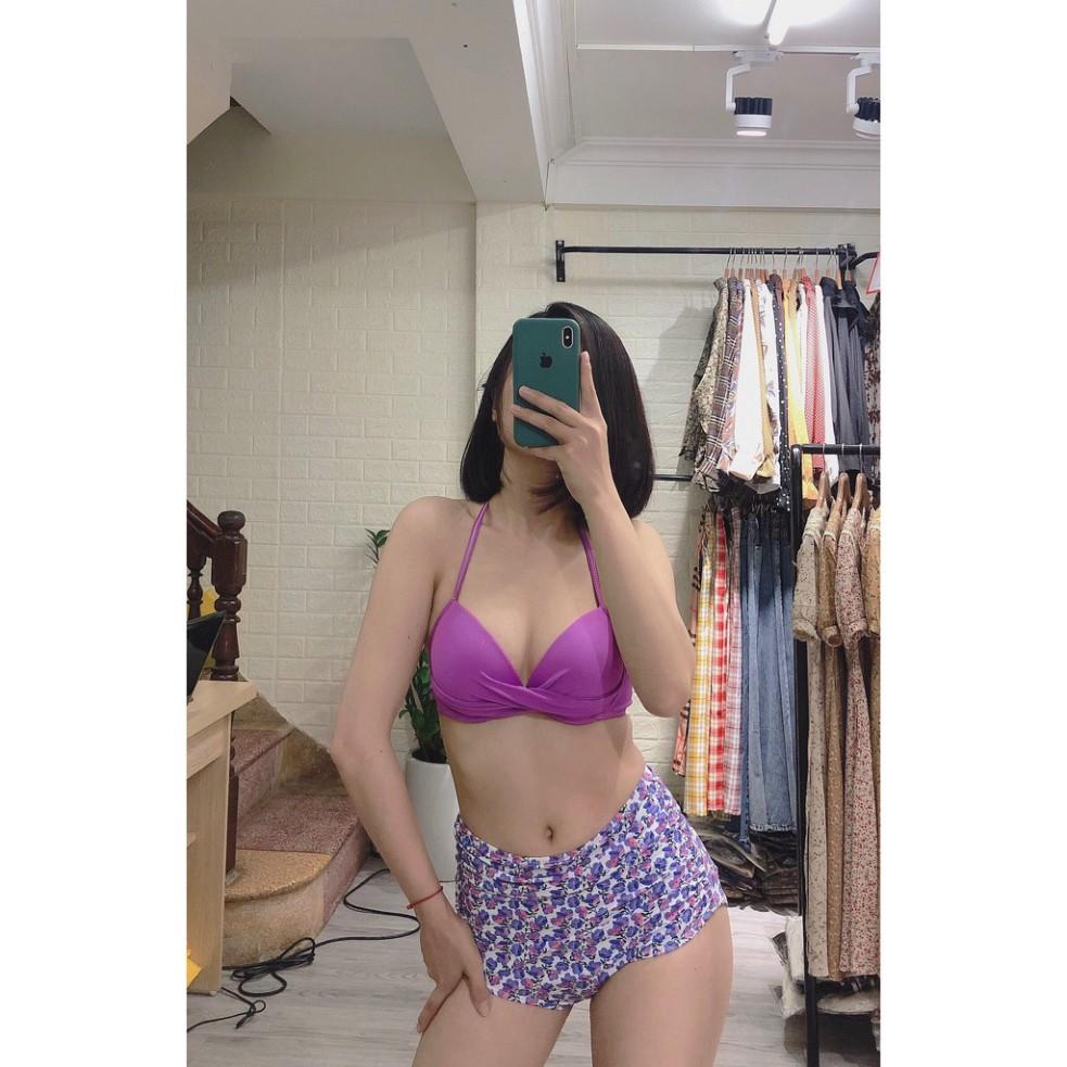 Bikini 2 mảnh áo bơi nữ đẹp mặc đi biển hoa tím nhỏ nổi bật