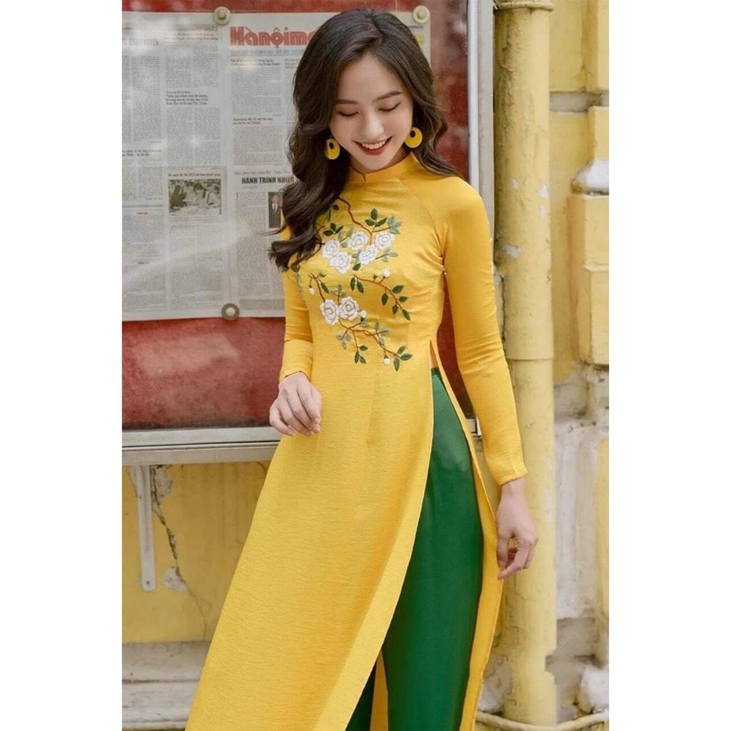 (Kèm ảnh thật) Áo dài vàng thêu hoa lụa tây thi