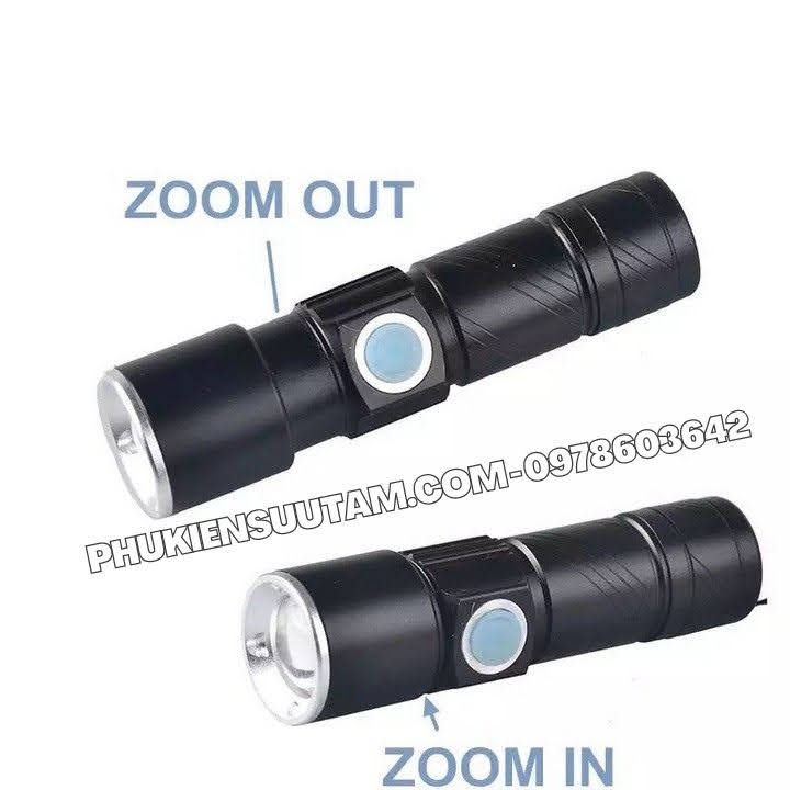 Đèn Pin Siêu Sáng Sạc USB Zoom 4x, kích thước: 9cmx2.4cm, màu đen - SP005760