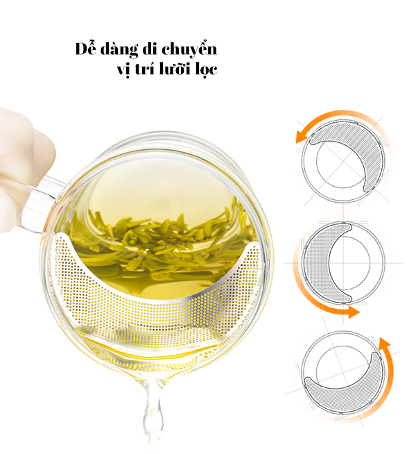 Ly lọc trà thủy tinh chịu nhiệt lưới lọc bán nguyệt LC005 400ml