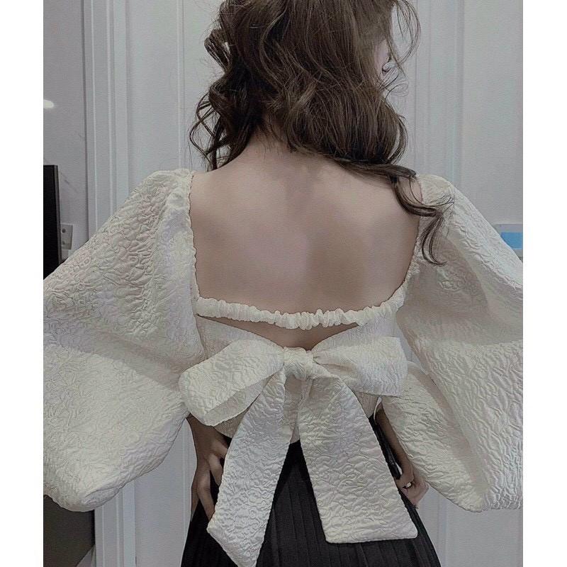 Áo croptop nữ hở lưng chất voan xốp mịn phong cách tiểu thư