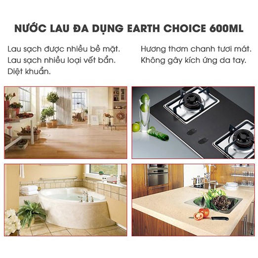 Nước lau đa năng gốc thực vật hương chanh tươi Earth Choice Úc 600ml