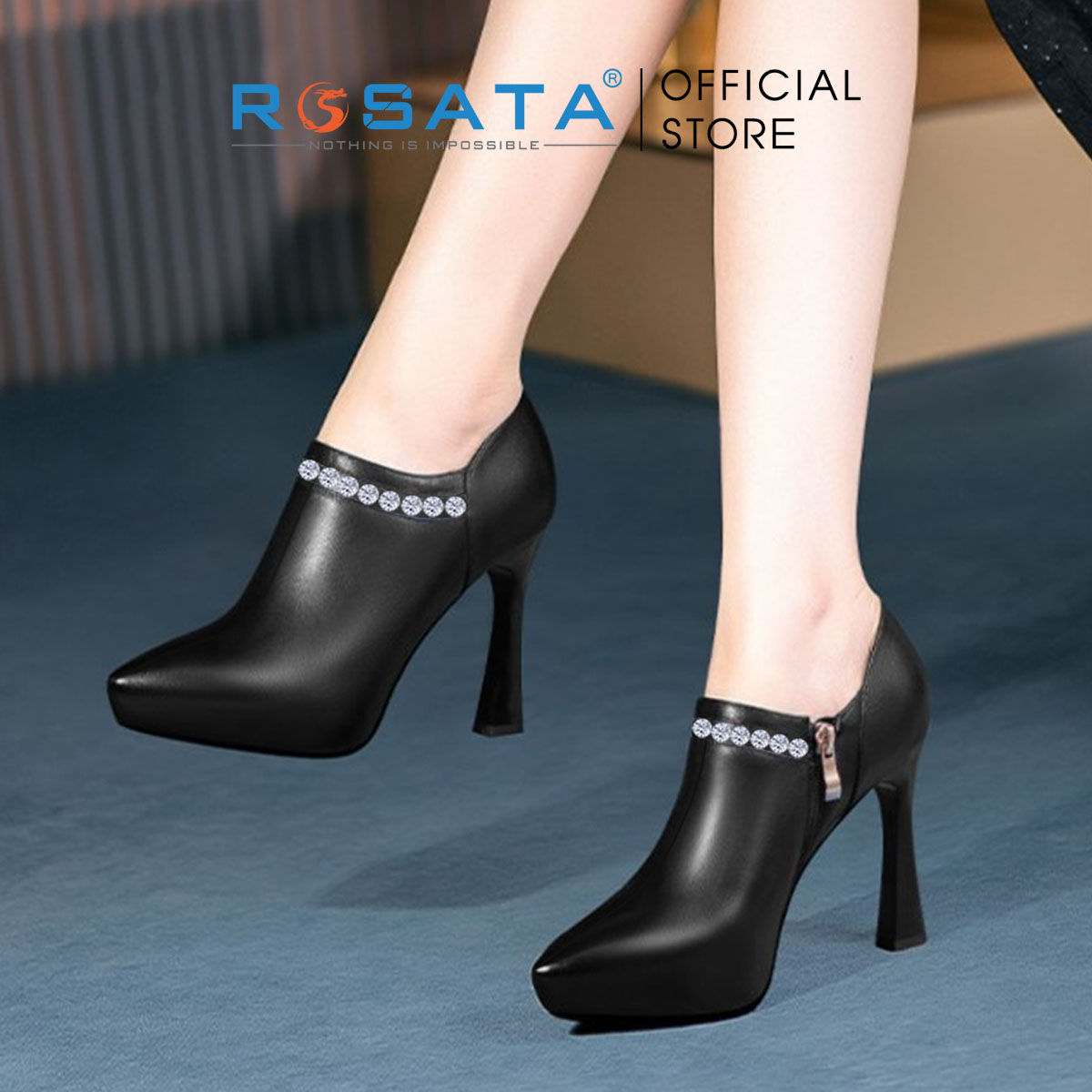 Boots thời trang nữ da lì viền đính hạt ROSATA RO595 - 9p - HÀNG VIỆT NAM - BKSTORE