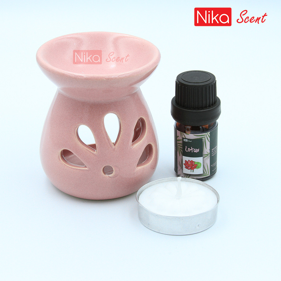 Nikascent Đồ đốt tinh dầu gốm sứ (cơ bản) khử mùi, thơm phòng, thư giãn + Tặng 1 lọ tinh dầu (5ml)  và 1 nến đốt