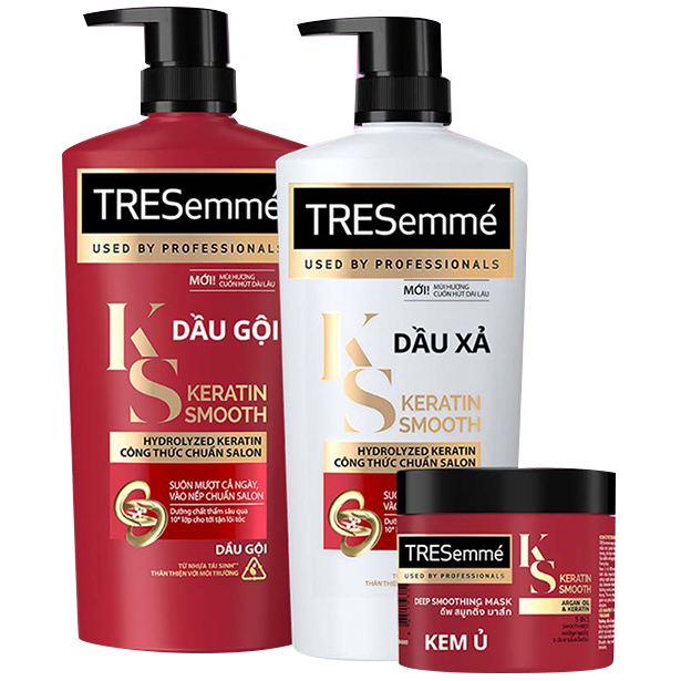 Combo Dầu gội, Dầu xả &amp; Kem ủ TRESEMME Keratin Smooth Dưỡng tóc vào nếp suôn mượt vào nếp suôn mượt Công thức chuẩn salon Hydrolyzed Keratin 640g, 620g, 180ml