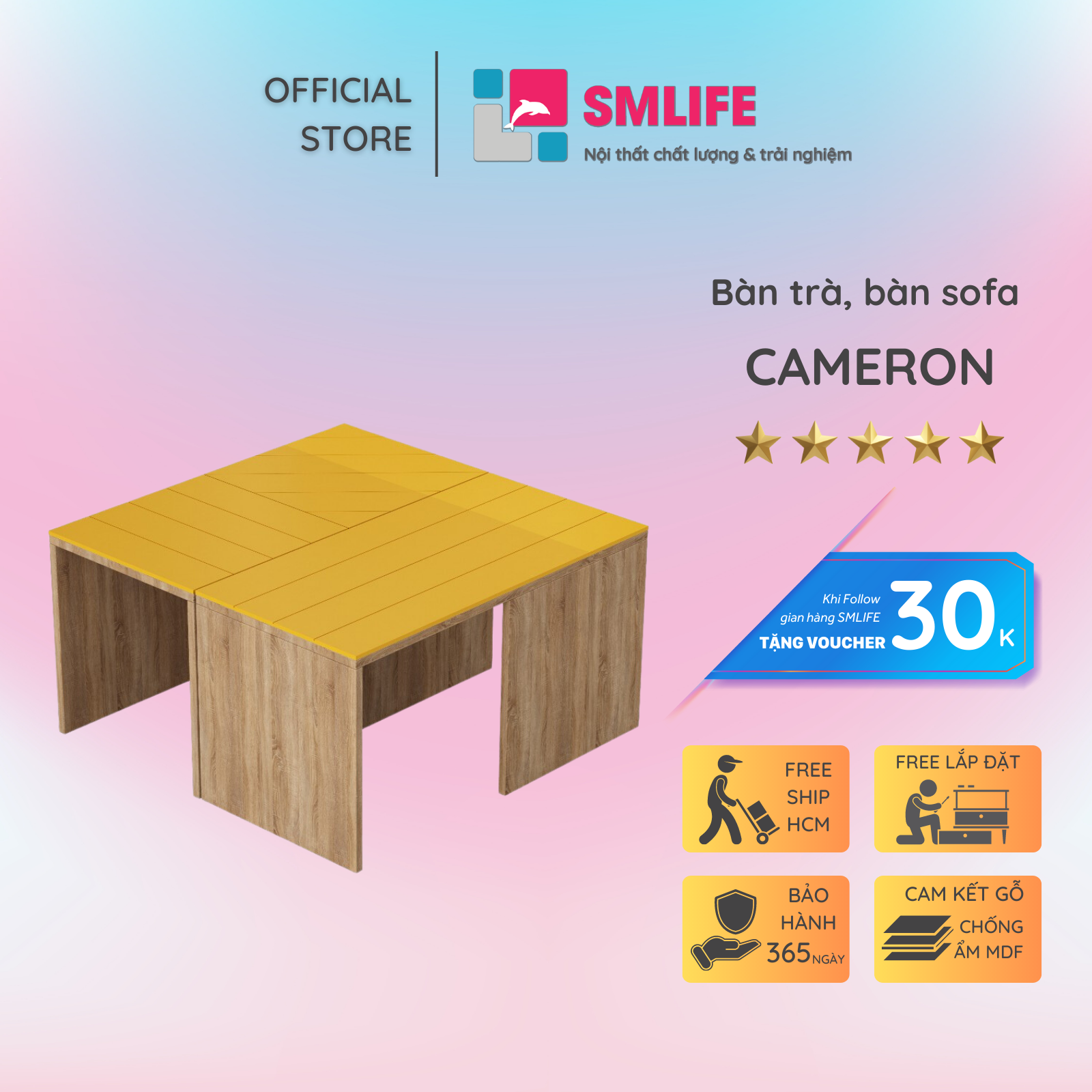 Bàn trà gỗ hiện đại SMLIFE Cameron   | Gỗ MDF dày 17mm chống ẩm | D80xR80xC45cm