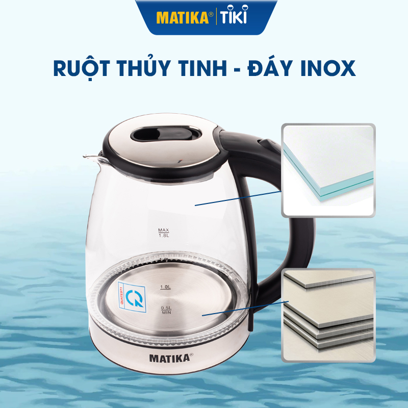 Ấm Siêu Tốc Thủy Tinh MATIKA 1.8L MTK-35 - Hàng Chính Hãng