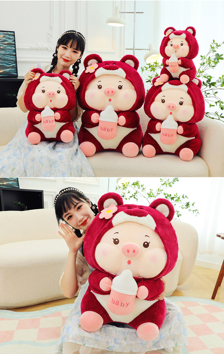 Gấu bông Heo cosplay gấu dâu ôm bình sữa đáng yêu,Heo lotso cute size 30cm- 80cm