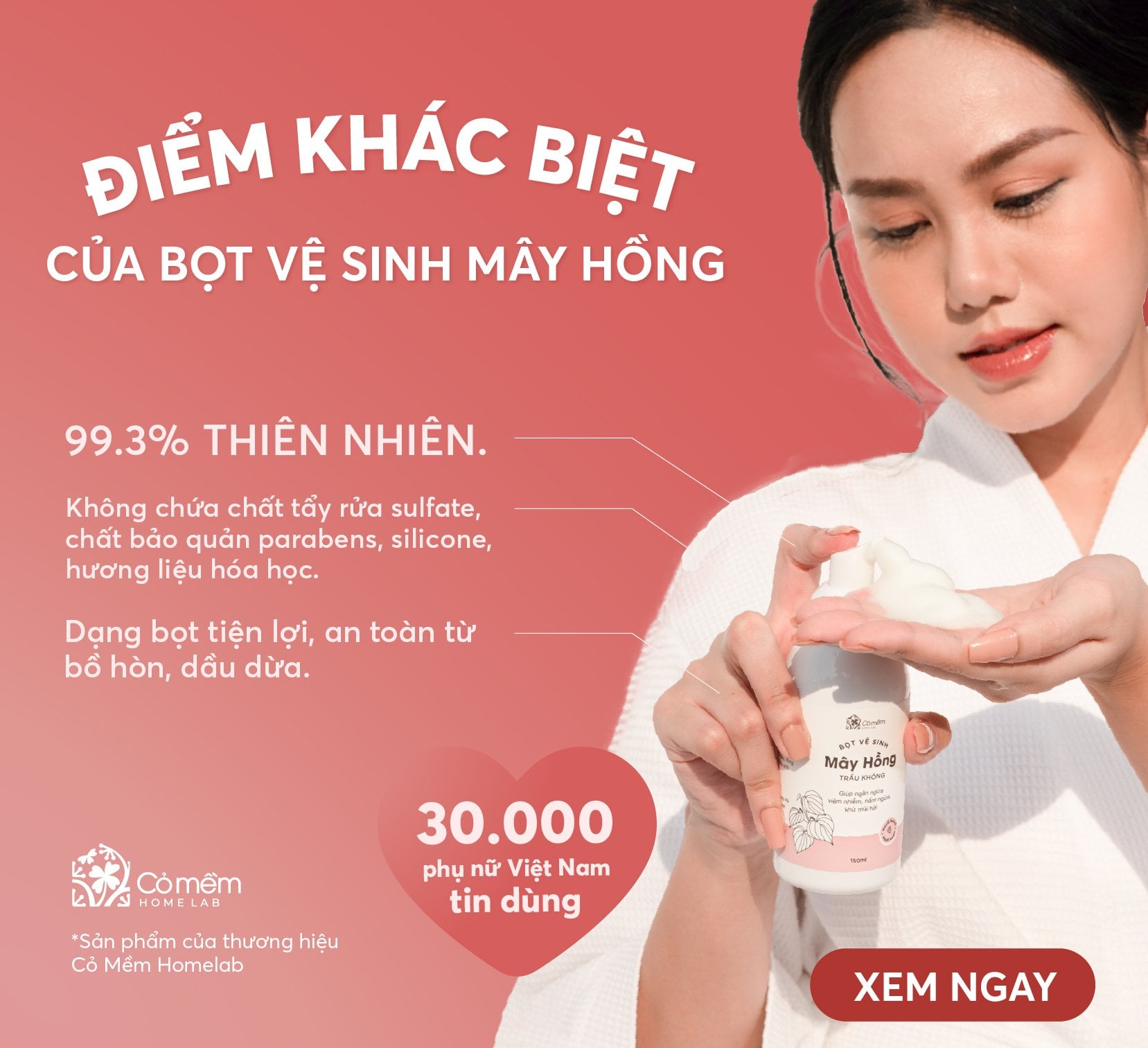 Bọt Vệ Sinh Phụ Nữ Mây Hồng Lô Hội Hương Hoa Hồng Anh Giảm Viêm Ngứa Cỏ Mềm 150ml