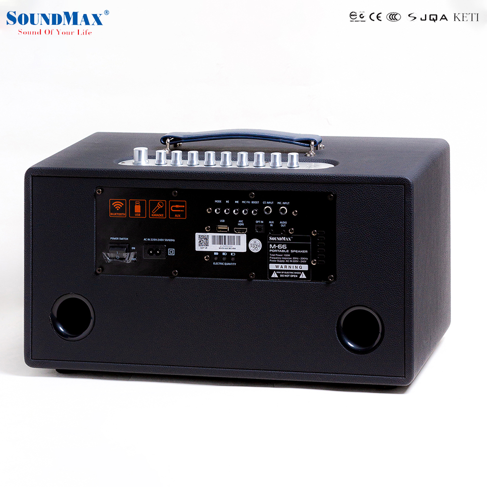 Loa karaoke xách tay SoundMax M-66 | Portable Karaoke Speaker SoundMax M66 | 3 Đường Tiếng, Bass 6.5 Inch, công suất thực 100W | Bluetooth, USB, HDMI, Optical, TRS, USB, Ngõ Vào Guitar | Pin 12000mAh, Thời Gian Sử Dụng 6 Giờ - Hàng Chính Hãng