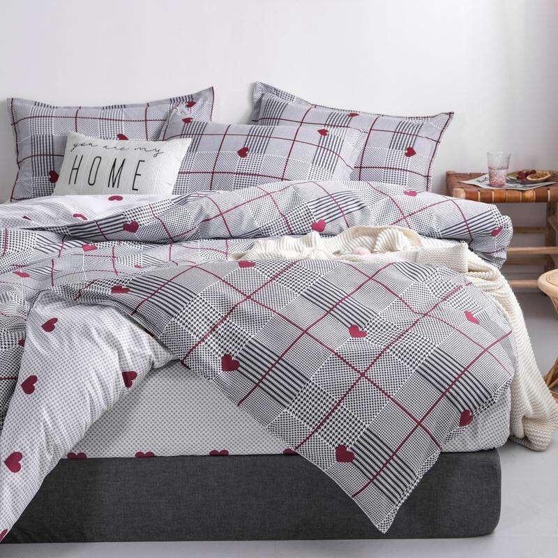 Bộ chăn ga Cotton Poly M2T bedding chăn ga Hàn Quốc họa tiết kẻ tim đủ size miễn phí bo chun