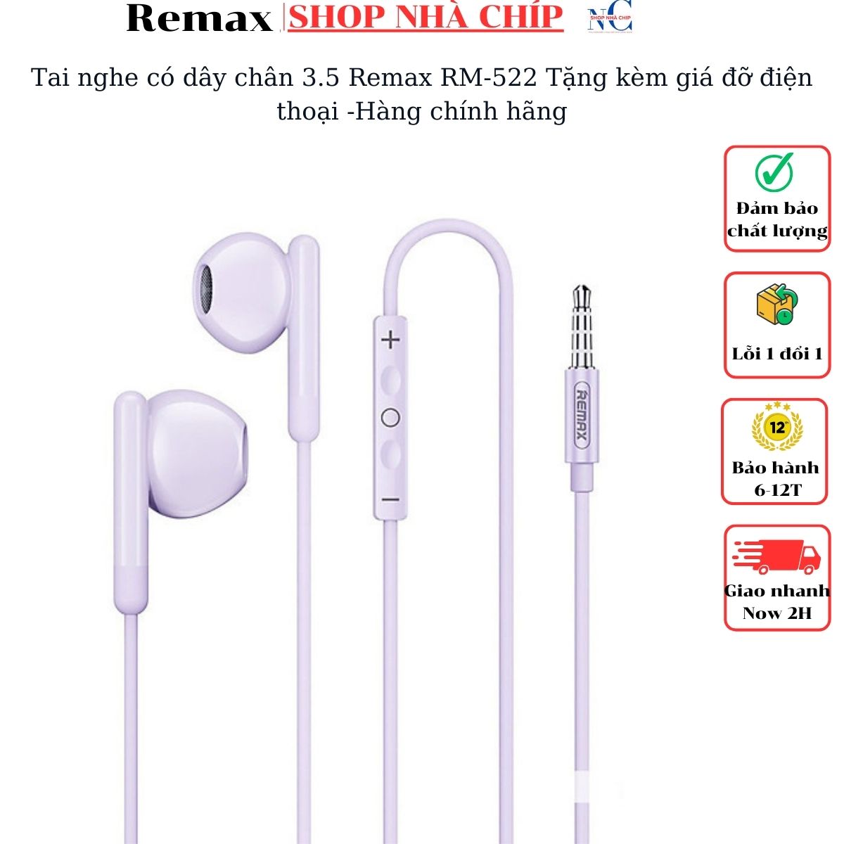 Tai nghe có dây chân 3.5 Remax RM-522 Tặng kèm giá đỡ điện thoại -Hàng chính hãng