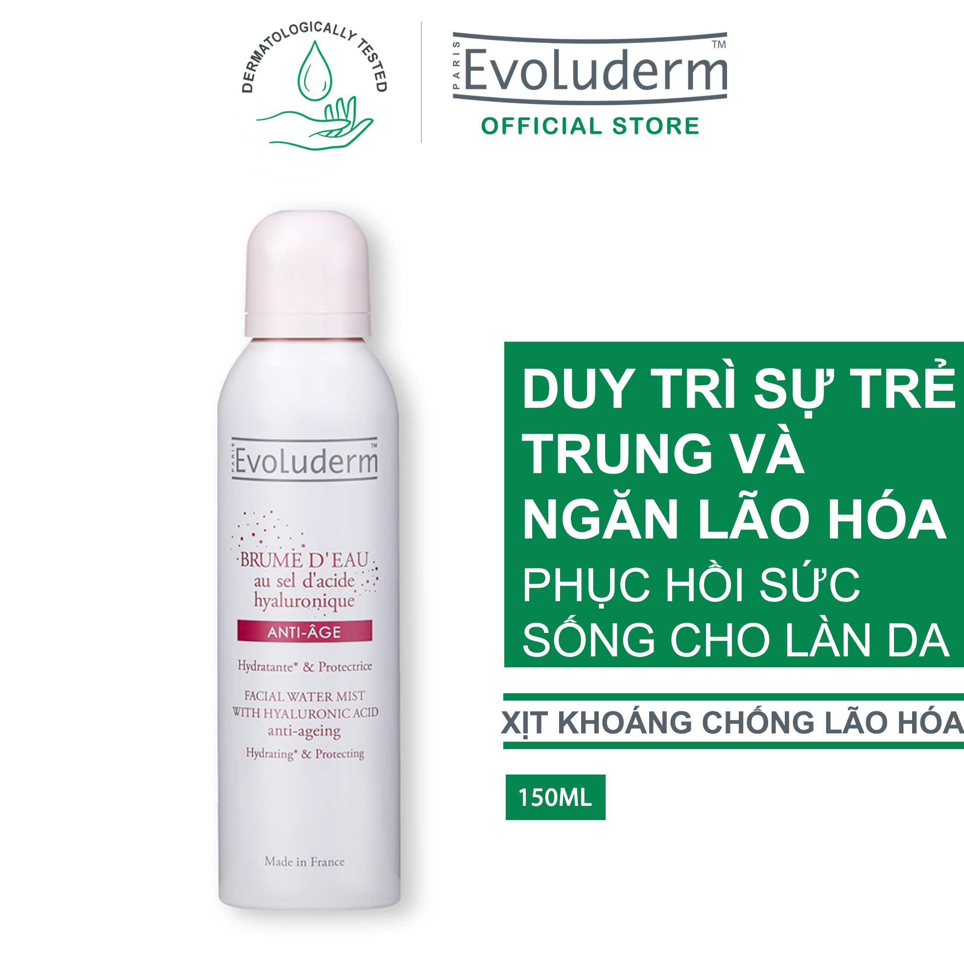 Xịt khoáng Evoluderm giúp ngăn ngừa lão hóa dưỡng ẩm và bảo vệ da tinh chất Hyaluronic Acid Salt 150ml