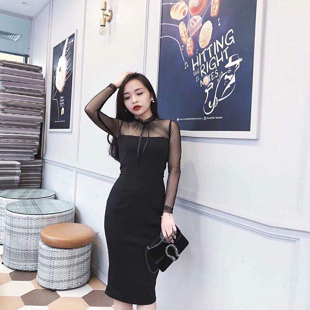Đầm Ôm Phối Tay Lưới Bi Nơ Cổ