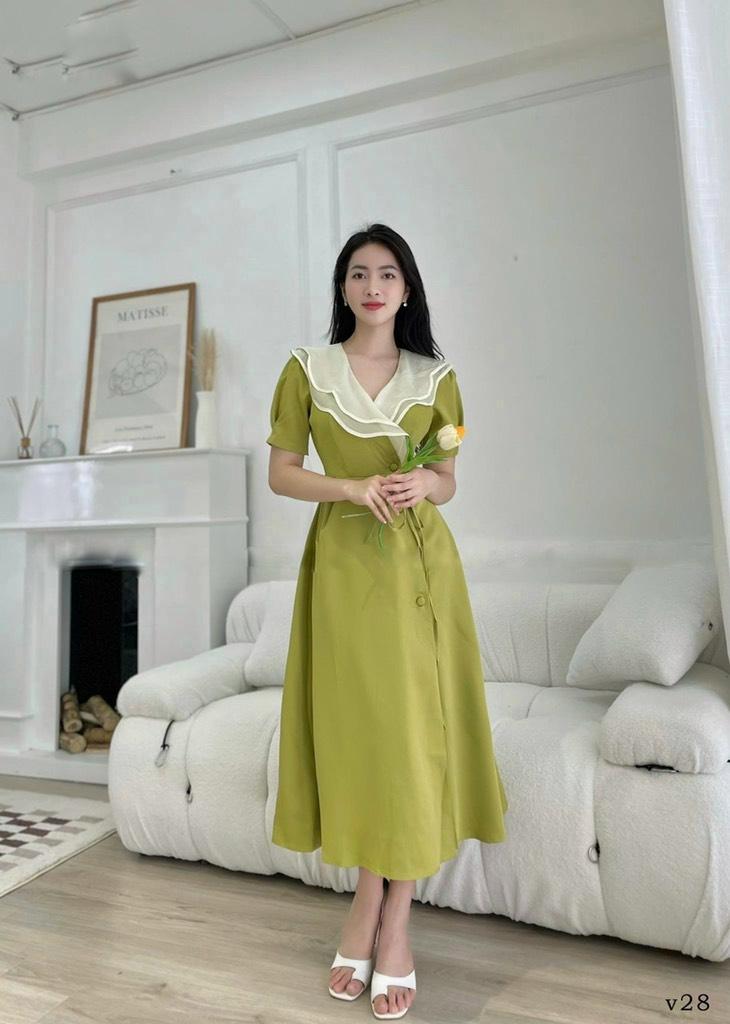 ĐẦM MIDI CỔ BÈO ĐÚP NÚT BỌC 13041