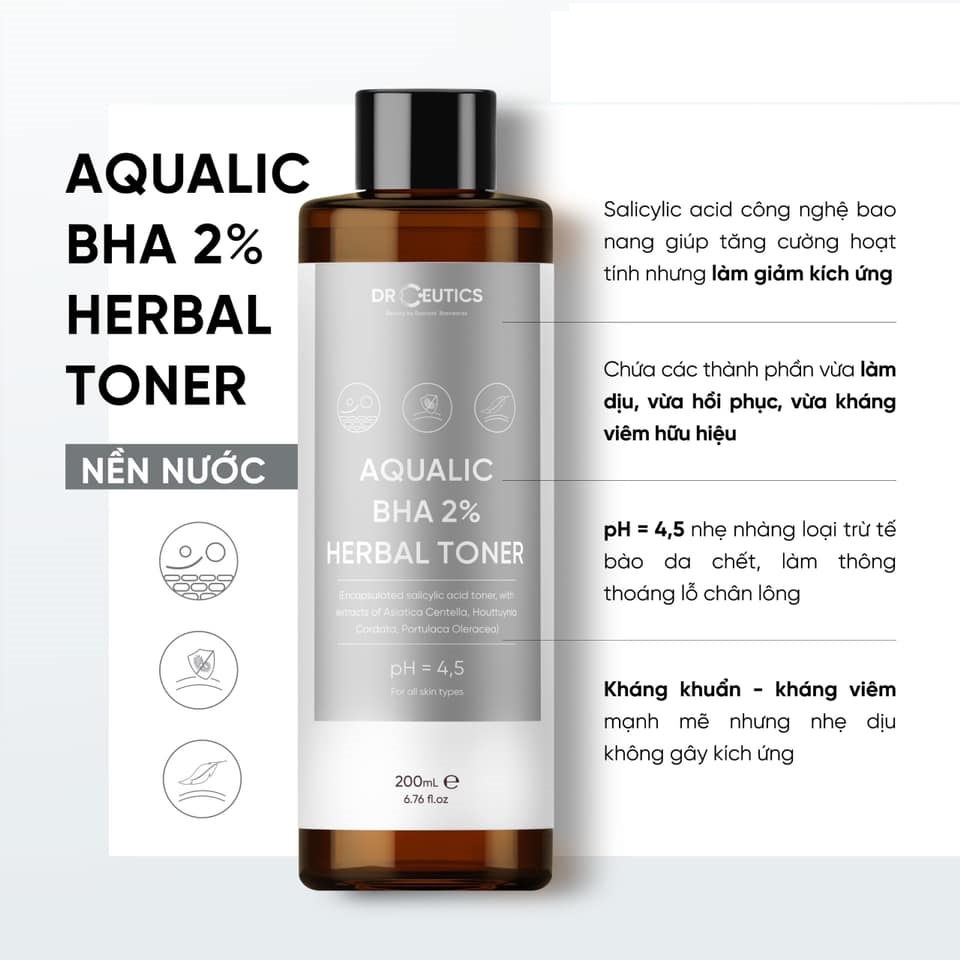 Toner Cân Bằng Da DrCeutics Aqualic BHA 2% Herbal Toner 200ml- Nền nước