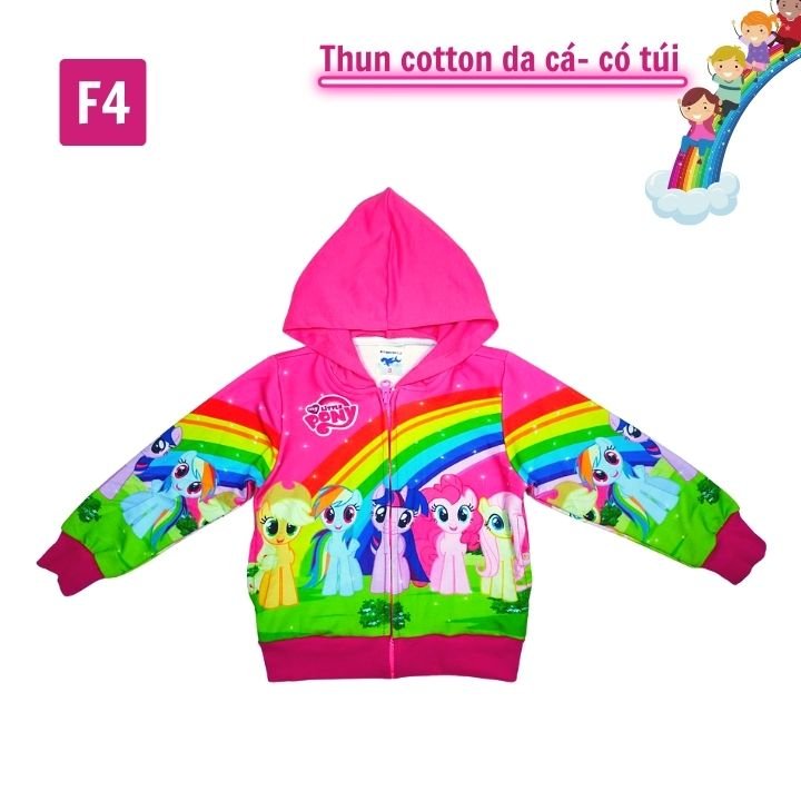 Áo khoác bé gái hình ngựa Pony cầu vồng từ 11-43kg - Chất liệu thun cotton da cá in 3D