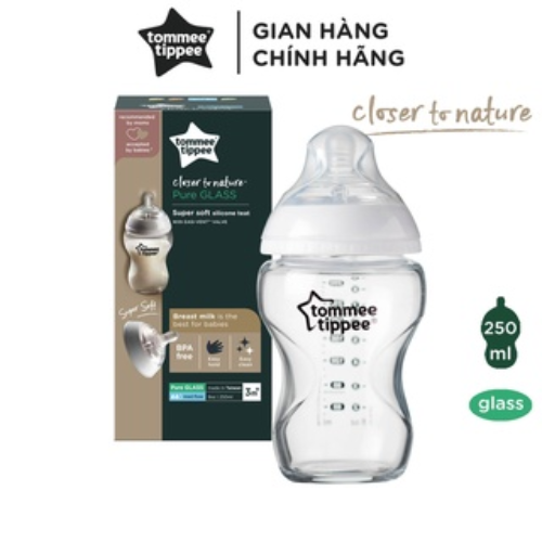 COMBO Bình sữa thuỷ tinh ty siêu mềm tự nhiên Tommee Tippee Closer to Nature 250ml &amp; Núm ty silicon thay thế 6M+