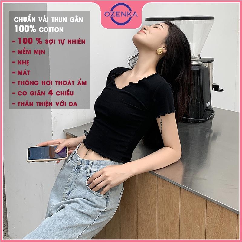 Áo croptop cộc tay ôm body fress air , ao crt nữ phong cách tối giản thun gân 100% cotton màu đen trắng free size