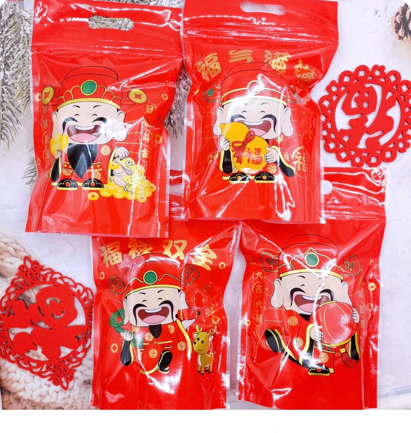 TD61A-Set 10 Túi ZIP Thần Tài đựng 200g-250G bánh qui, quy, kẹo nougat