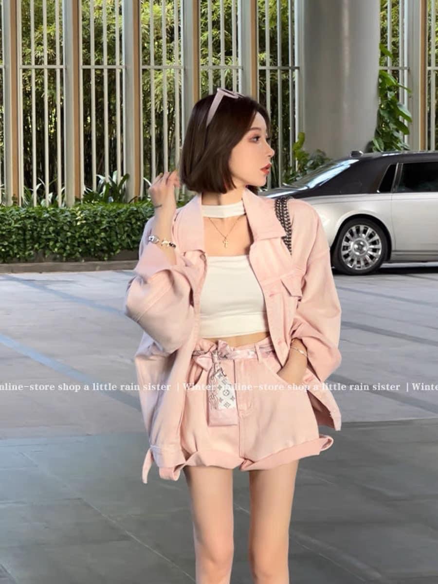 Set kaki hồng 3 món áo khoác dài tay áo 2 dây kèm quần đùi ulzzang