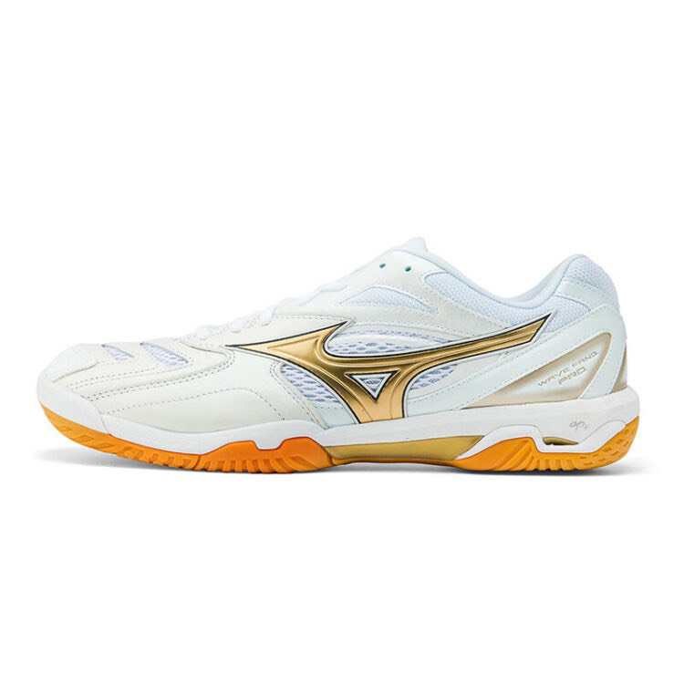 Giày cầu lông Mizuno Wave Fang Pro 71GA210050 mẫu mới màu trắng gold, đế kếp chống lật cổ chân-tặng tất thể thao bendu