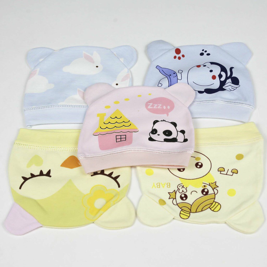 Set 5 mũ / nón vải cotton tai thỏ in hình ngộ nghĩnh cho bé sơ sinh (dưới 3 tháng)