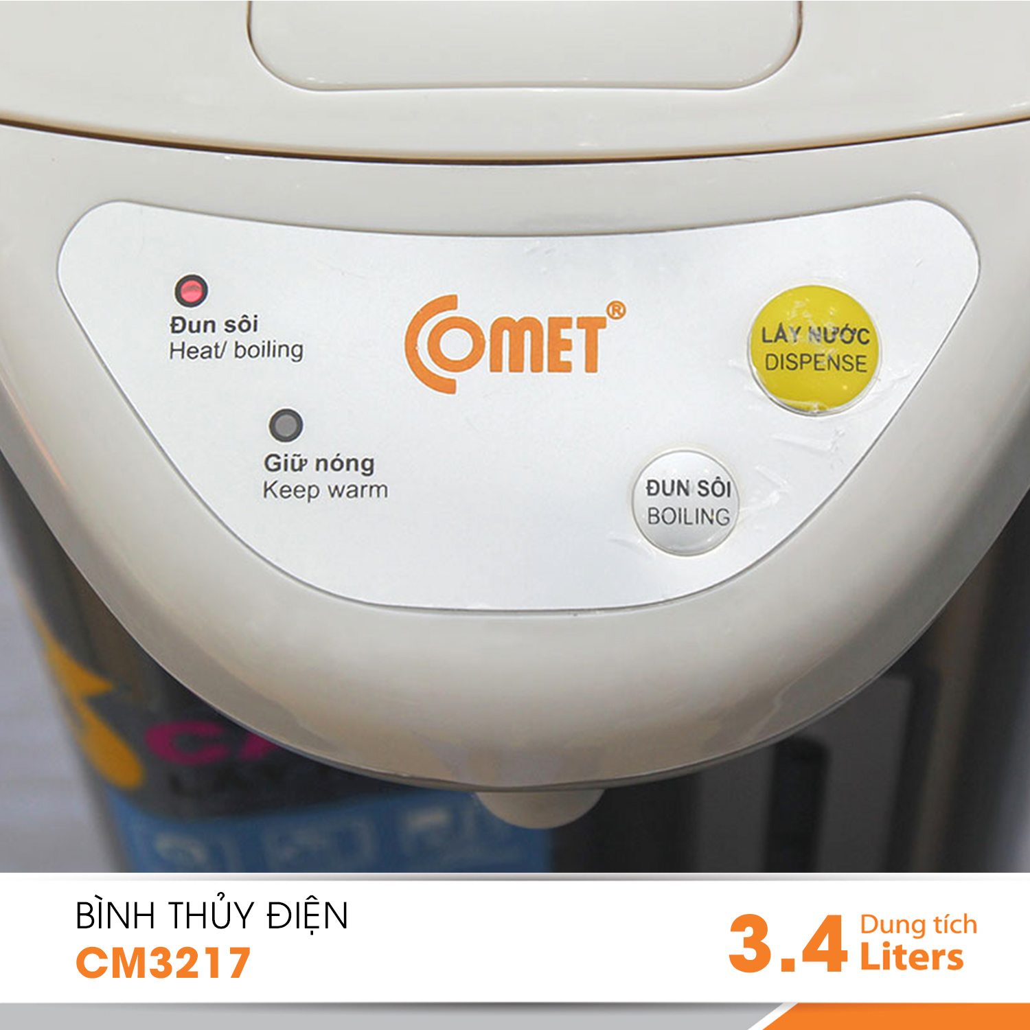 Bình thủy điện thép không gỉ Comet CM3217 3.4 Lít (Bạc) - Hàng Chính Hãng