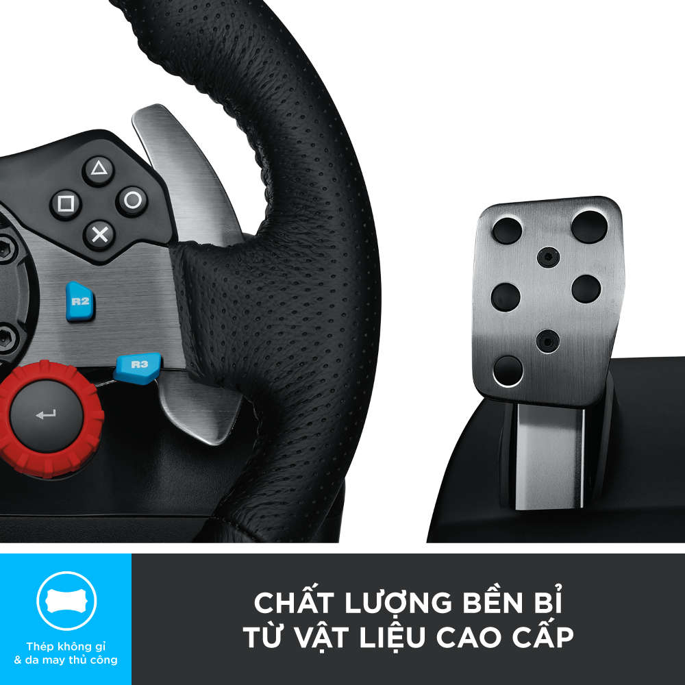 Bộ full Vô lăng đua xe Logitech G29 Driving Force và bàn đạp thép không gỉ kèm cần số, tay lái bọc da thủ công, phù hợp PS5, PS4, PC, Mac - Hàng chính hãng