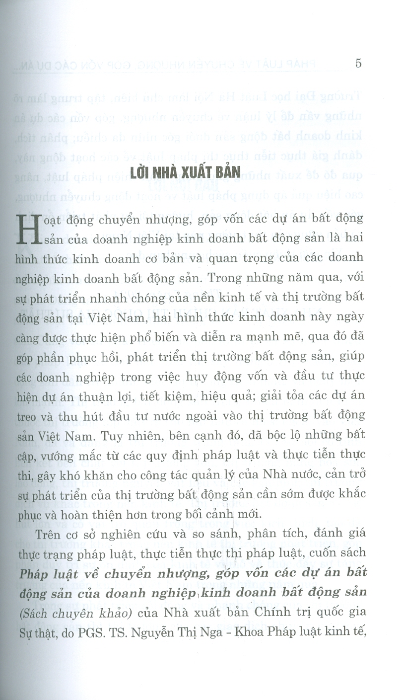 Pháp Luật Về Chuyển Nhượng, Góp Vốn Các Dự Án Bất Động Sản Của Doanh Nghiệp Kinh Doanh Bất Động Sản (Sách Chuyên Khảo)