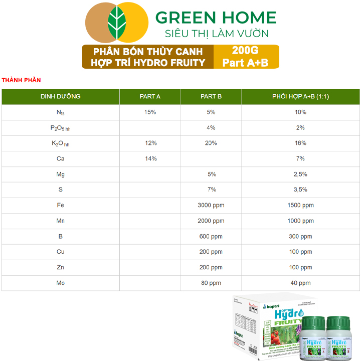 Phân bón Hợp Trí Hydro Fruity GreenHome, Hộp 200g (Part A+B), Chuyên Cho Cây Ăn Trái Trồng Thủy Canh