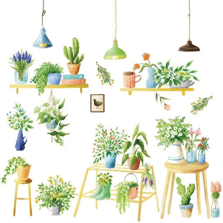 Decal dán tường trang trí - KỆ HOA KẾT HỢP ĐÈN TREO CAO CẤP