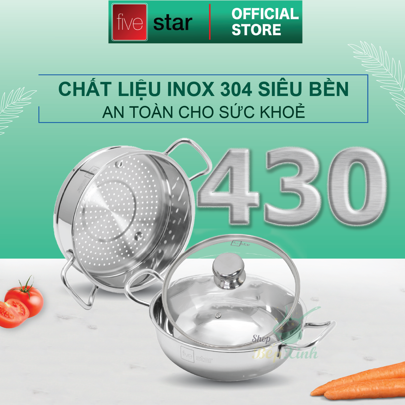 Nồi lẩu xửng hấp FIVESTAR 3 đáy từ nắp kính
