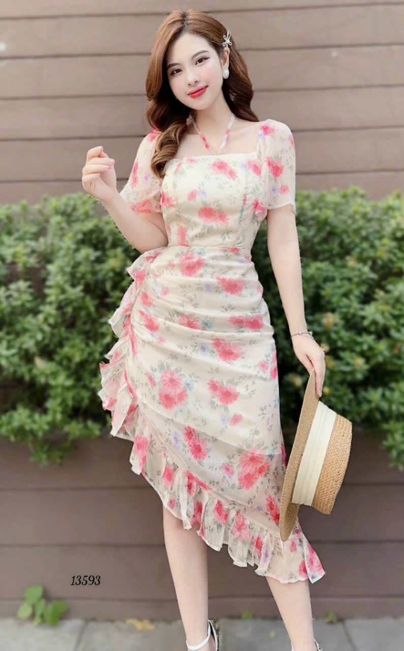 Đầm váy nữ voan có mút ngực tay ngắn ôm body hoa hồng sexy chân xéo cách điệu