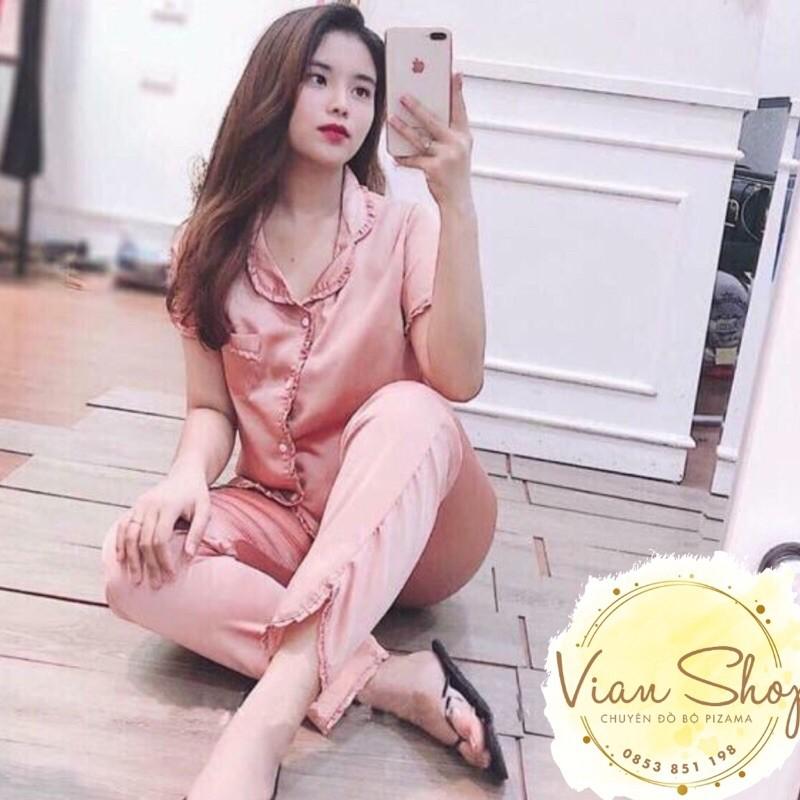 Bộ đồ pijama lụa, bộ lụa cộc tay quần dài viền bèo nơ túi xinh xắn