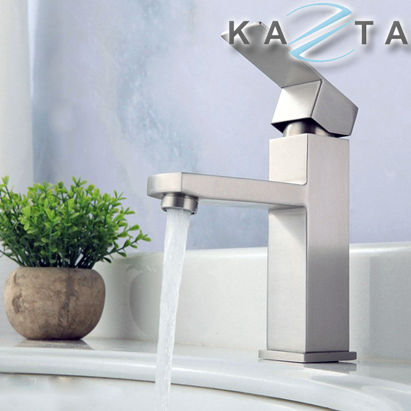 Vòi lavabo nóng lạnh KAZTA KZ-L01V thân vuông inox 304 kèm 2 dây cấp nóng lạnh