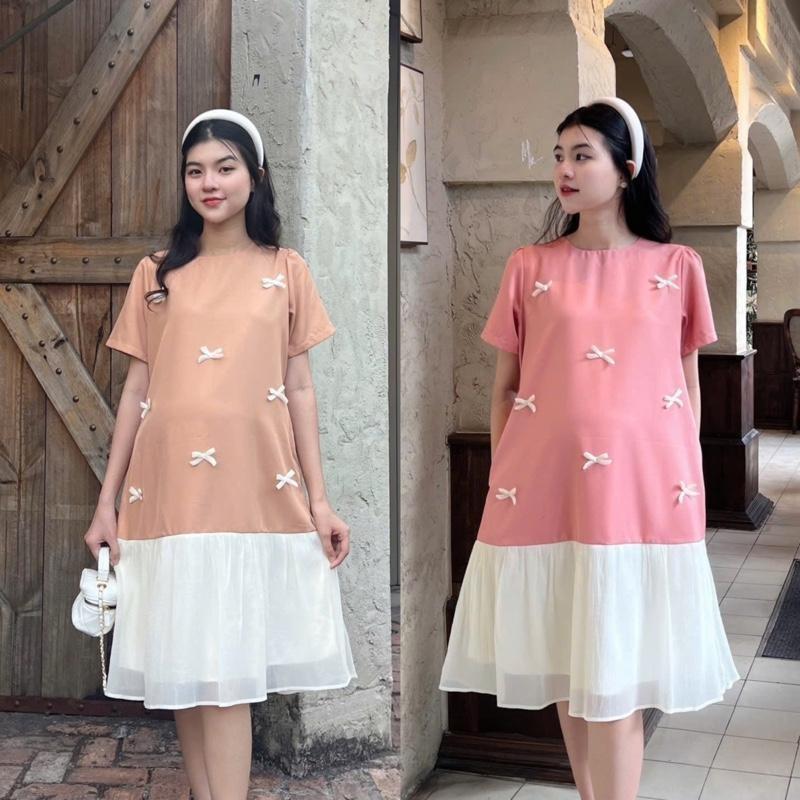 Đầm bầu đuôi cá đính nơ phối chân voan tơ sang chảnh chất cotton lạnh mát mẻ - Xanh đen