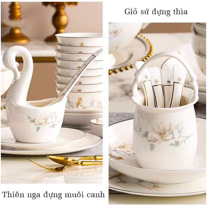 Bộ bát ăn cơm SỨ XƯƠNG Giang Tây cao cấp 60 chi tiết - Bộ chén ăn cơm sang trọng, tinh tế - Bát đĩa mỏng nhẹ nhưng cứng trong và cách nhiệt tốt. Mã GS18