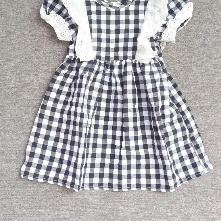 Váy hè cho bé gái 1-12 tuổi cộc tay hàng thiết kẻ caro cổ phối ren, Đầm babydoll trẻ em thoáng mát