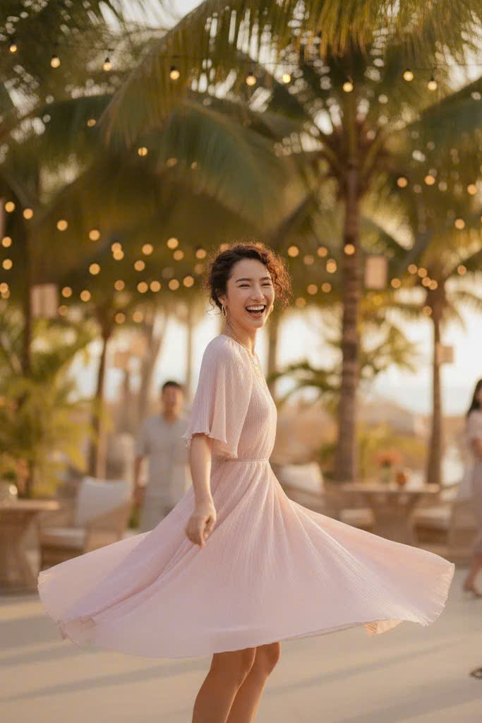 Đầm Xoè Dập Ly Hồng Pastel thời trang thiết kế Hity DRE194