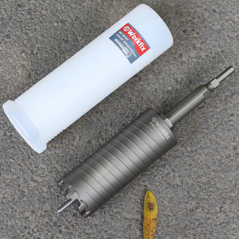 Mũi Khoan Rút Lõi Bê Tông WORKFIX Phi 63 Dài 155mm Chuôi Lục, Có Định Tâm, Mũi Rút Lõi Điều Hòa