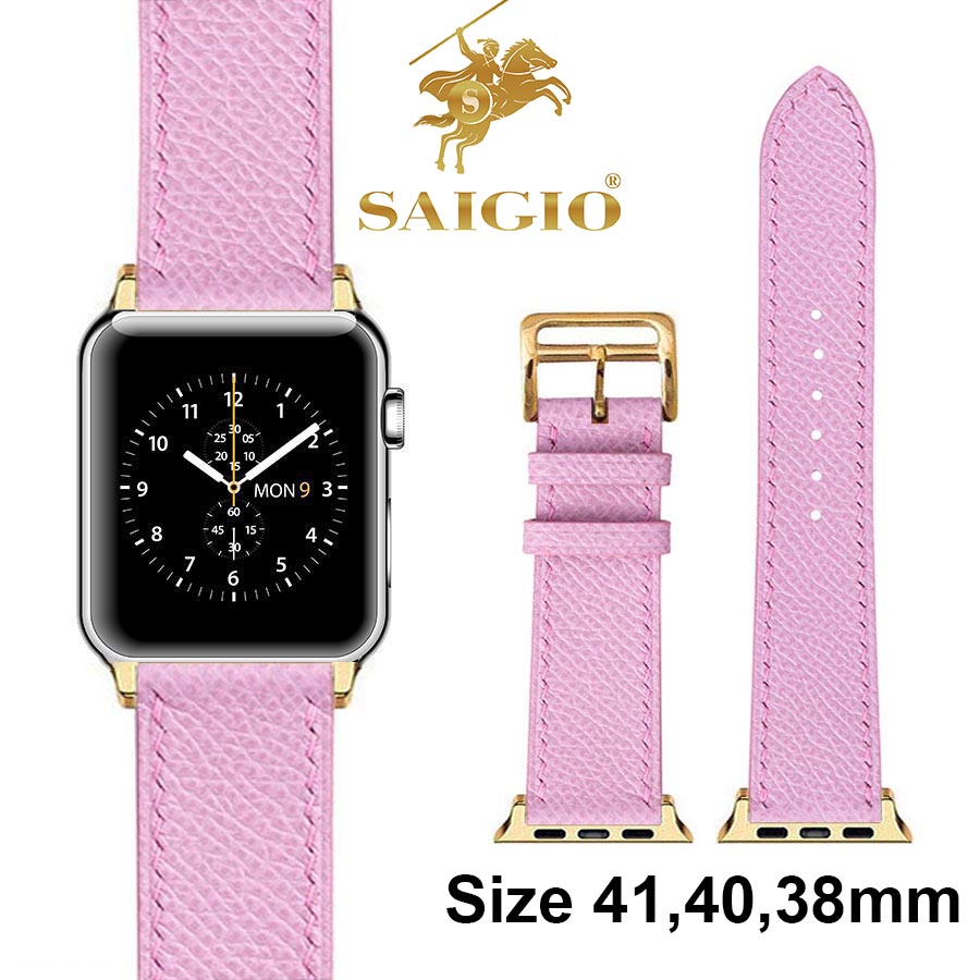 Dây Đồng Hồ Apple Watch 41mm 40mm 38mm, Chất Liệu Da Bê EPSOM Thảo Mộc Cao Cấp, Nhập Khẩu Từ Châu Âu, Dây Đeo Phong Cách Hiện Đại và Sang Trọng, Tương Thích Các Phiên Bản Series 8/7/6/5/4/3/2/1/SE/SE2 - Hồng - ADAPTER VÀNG