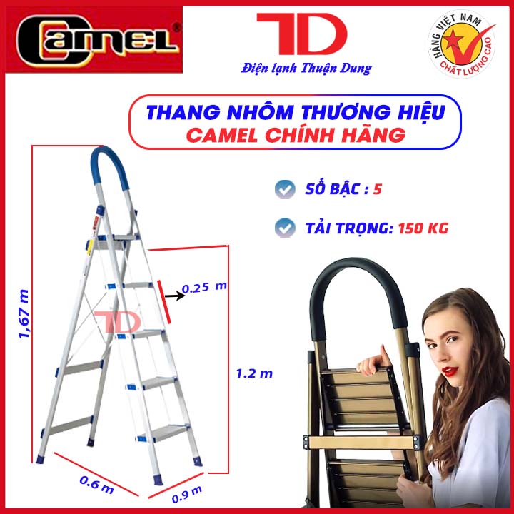 Thang nhôm ghế tay vịn gấp gọn CAMEL 5 bậc, tải trọng 150Kg siêu bền - Điện Lạnh Thuận Dung