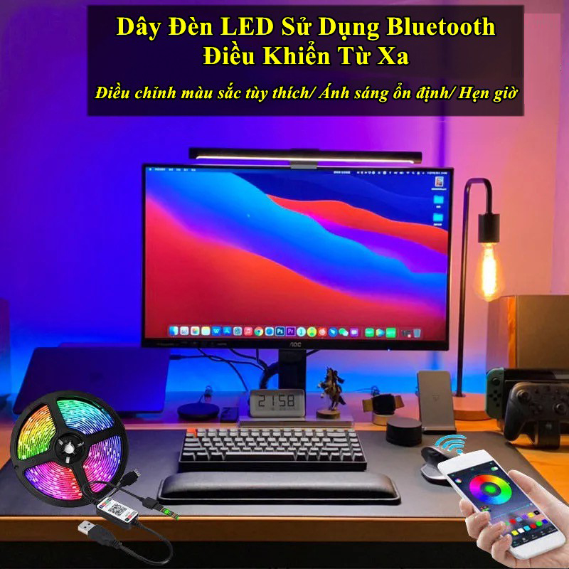 Cuộn dây led 5m MT5A 16 triệu màu sắc RGB - Điều khiển bằng điện thoại smartphone hoặc remote - Bọc silicon chống nước, có keo dán - Cảm ứng nháy theo nhạc - Trang trí phòng game, máy tính, TV, ô tô, phòng khách, cây thông noel ... Quay tiktok cực đẹp