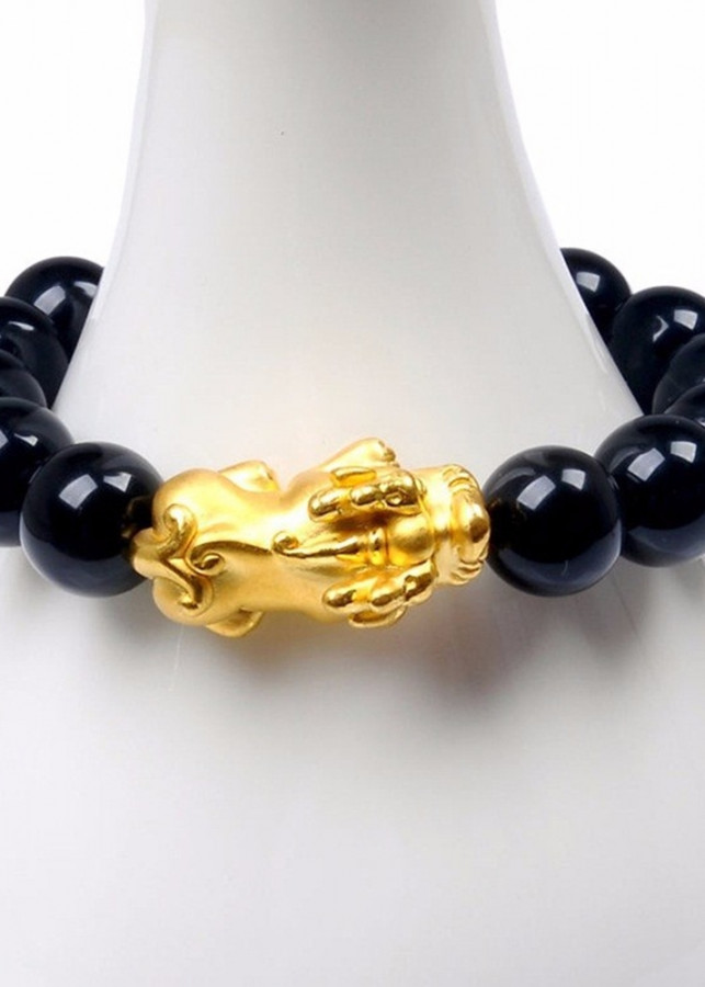 Lắc Tay Opal Đen Tự Nhiên Tỳ Hưu Bạc Mạ Vàng 24K 12MM