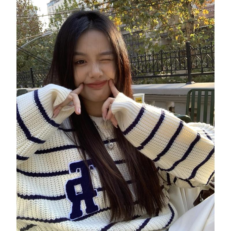 Áo sweater len dệt kim nữ tay dài form dáng rộng họa tiết kẻ sọc ngang oversize thời trang Hàn Quốc chất đẹp D-14